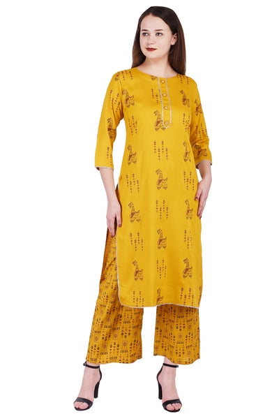 Women's Mustard Yellow Printed Straight Kurta with Palazzo Set | Ethnic Tunic Top & Party Wear Dress