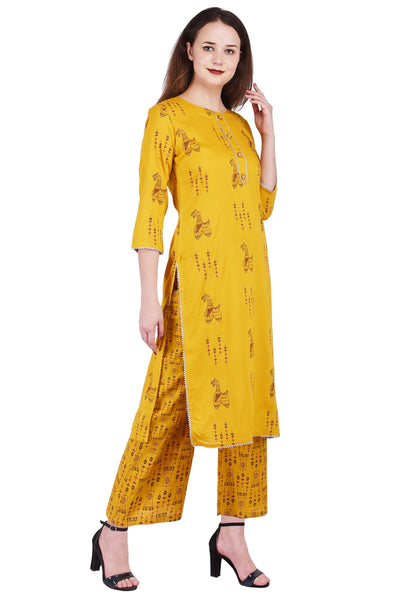 Women's Mustard Yellow Printed Straight Kurta with Palazzo Set | Ethnic Tunic Top & Party Wear Dress