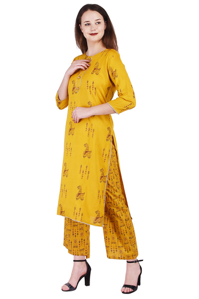 Women's Mustard Yellow Printed Straight Kurta with Palazzo Set | Ethnic Tunic Top & Party Wear Dress