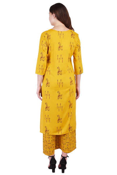 Women's Mustard Yellow Printed Straight Kurta with Palazzo Set | Ethnic Tunic Top & Party Wear Dress