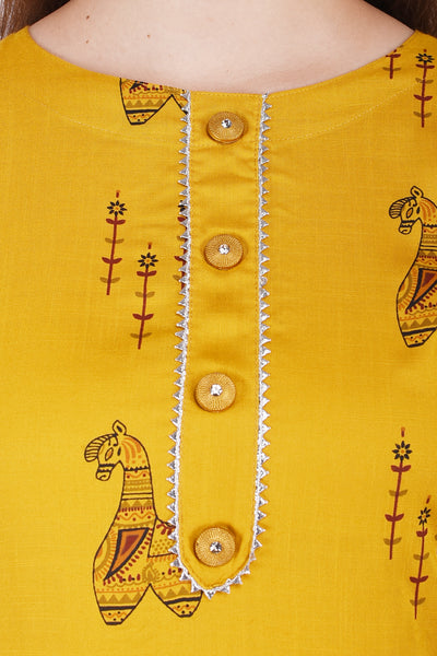 Women's Mustard Yellow Printed Straight Kurta with Palazzo Set | Ethnic Tunic Top & Party Wear Dress
