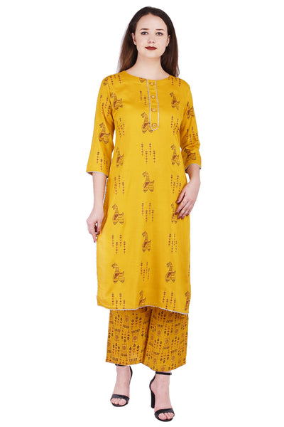Women's Mustard Yellow Printed Straight Kurta with Palazzo Set | Ethnic Tunic Top & Party Wear Dress