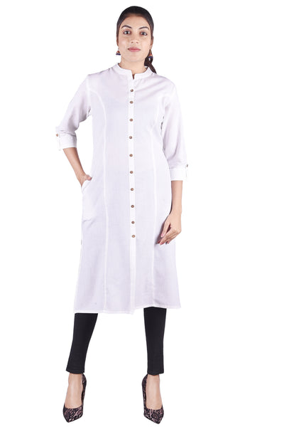 Classic Pristine White Button-Down Straight Kurta with Side Pockets