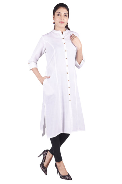 Classic Pristine White Button-Down Straight Kurta with Side Pockets