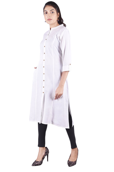 Classic Pristine White Button-Down Straight Kurta with Side Pockets
