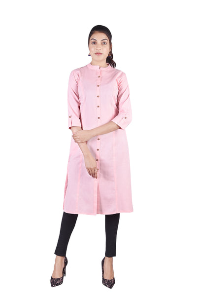 Classic Solid Pink Button-Down Straight Kurta with Side Pockets