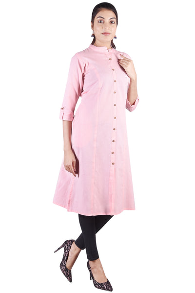Classic Solid Pink Button-Down Straight Kurta with Side Pockets