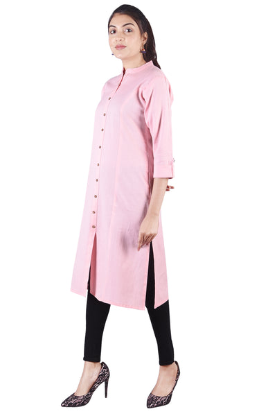 Classic Solid Pink Button-Down Straight Kurta with Side Pockets