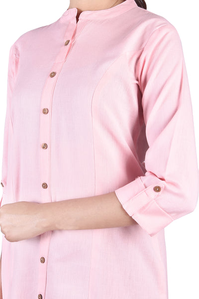 Classic Solid Pink Button-Down Straight Kurta with Side Pockets