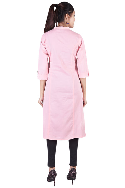 Classic Solid Pink Button-Down Straight Kurta with Side Pockets