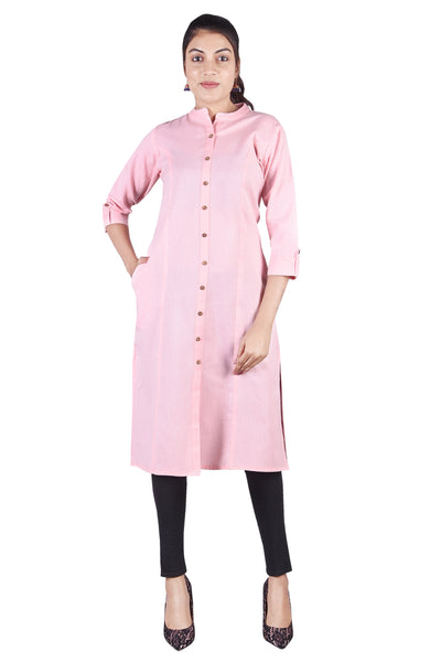 Classic Solid Pink Button-Down Straight Kurta with Side Pockets