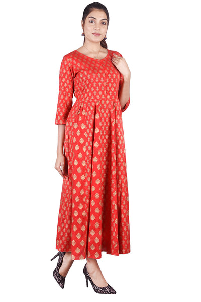 Festive Red and Gold Printed Flared Anarkali Kurta