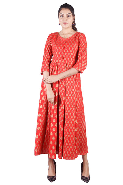 Festive Red and Gold Printed Flared Anarkali Kurta