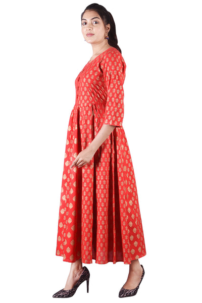 Festive Red and Gold Printed Flared Anarkali Kurta