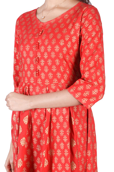 Festive Red and Gold Printed Flared Anarkali Kurta