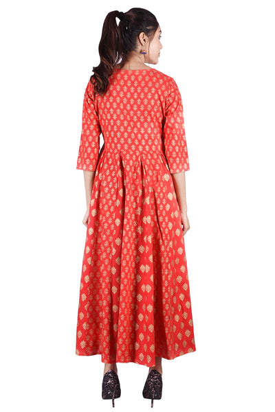 Festive Red and Gold Printed Flared Anarkali Kurta
