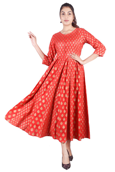 Festive Red and Gold Printed Flared Anarkali Kurta