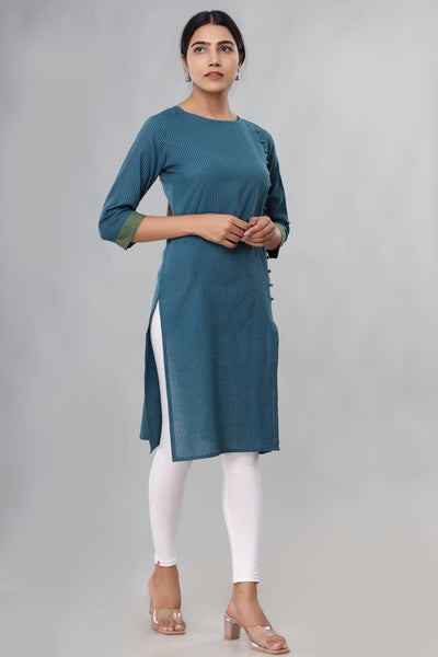 Women's Teal Blue Side-Button Straight Kurti – Indian Ethnic Tunic Top