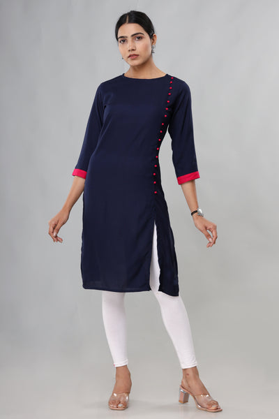 Women's Navy Blue Side-Button Straight Kurti – Indian Ethnic Tunic Top