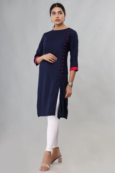 Women's Navy Blue Side-Button Straight Kurti – Indian Ethnic Tunic Top