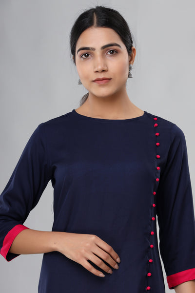 Women's Navy Blue Side-Button Straight Kurti – Indian Ethnic Tunic Top