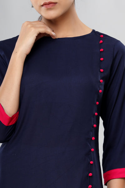 Women's Navy Blue Side-Button Straight Kurti – Indian Ethnic Tunic Top