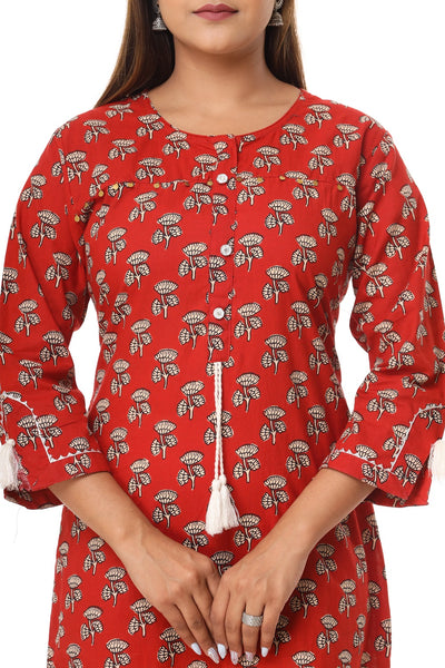 Women's Red Floral Printed Straight Kurti – Indian Ethnic Tunic Top with Tassels