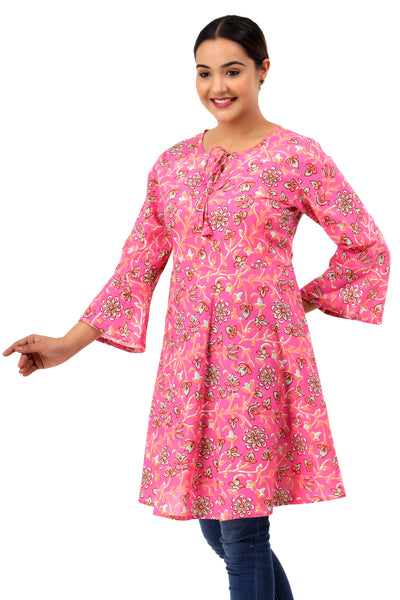 Women’s Floral Printed Cotton Short Kurti Top – Bell Sleeve Flared Tunic