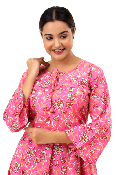 Women’s Floral Printed Cotton Short Kurti Top – Bell Sleeve Flared Tunic