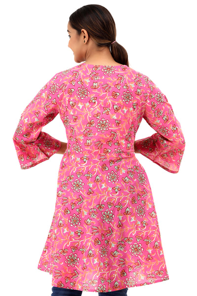 Women’s Floral Printed Cotton Short Kurti Top – Bell Sleeve Flared Tunic