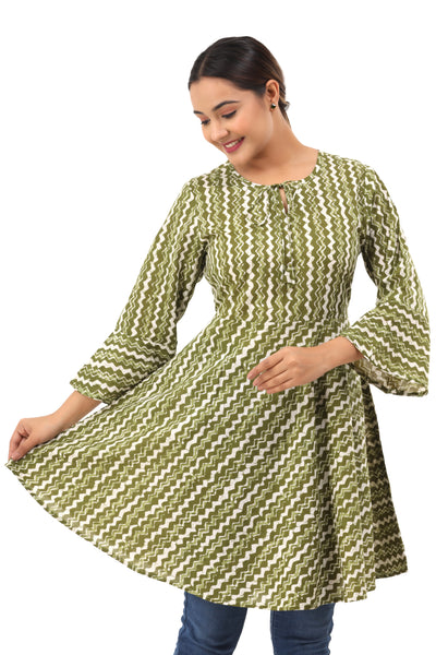Women’s Olive Green Zig-Zag Print Cotton Kurti Top – Bell Sleeve Flared Tunic