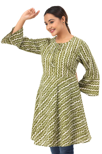 Women’s Olive Green Zig-Zag Print Cotton Kurti Top – Bell Sleeve Flared Tunic