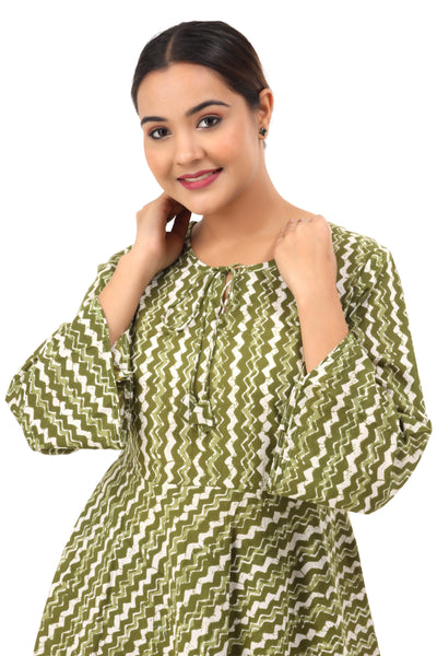 Women’s Olive Green Zig-Zag Print Cotton Kurti Top – Bell Sleeve Flared Tunic
