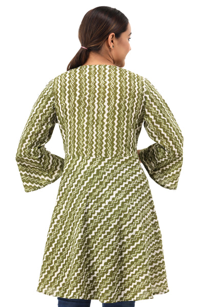 Women’s Olive Green Zig-Zag Print Cotton Kurti Top – Bell Sleeve Flared Tunic