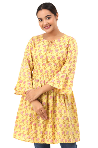 Women’s Yellow Floral Printed Cotton Kurti Top – Bell Sleeve Flared Tunic
