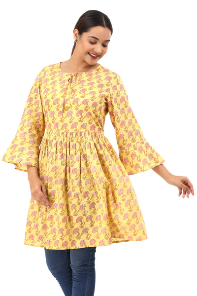 Women’s Yellow Floral Printed Cotton Kurti Top – Bell Sleeve Flared Tunic