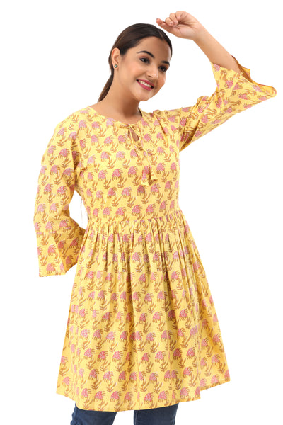 Women’s Yellow Floral Printed Cotton Kurti Top – Bell Sleeve Flared Tunic