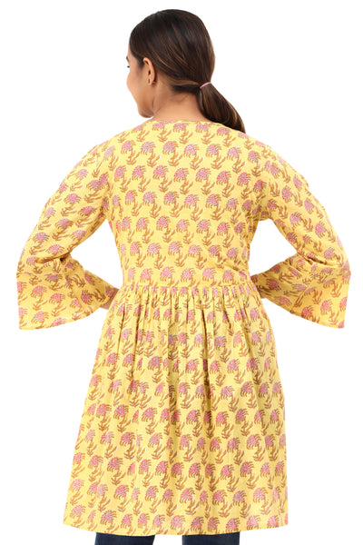 Women’s Yellow Floral Printed Cotton Kurti Top – Bell Sleeve Flared Tunic