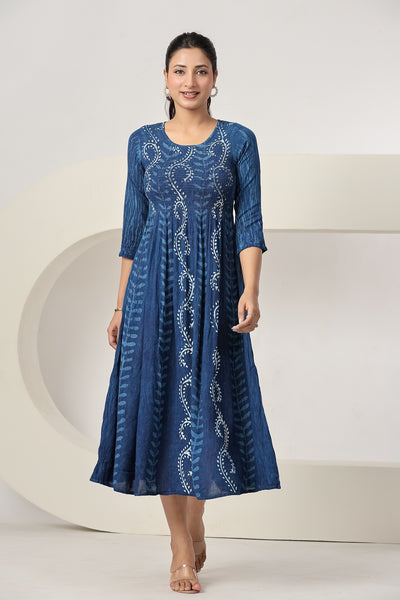 Women's Blue Printed Maxi Dress Casual A-Line Midi Dress with 3/4 Sleeves