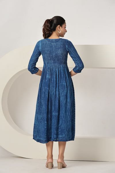 Women's Blue Printed Maxi Dress Casual A-Line Midi Dress with 3/4 Sleeves