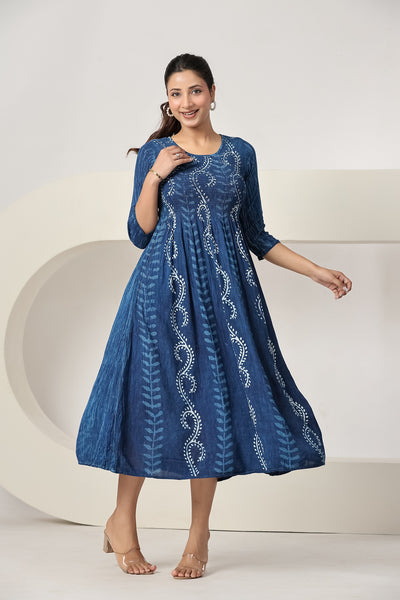 Women's Blue Printed Maxi Dress Casual A-Line Midi Dress with 3/4 Sleeves