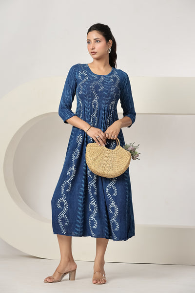 Women's Blue Printed Maxi Dress Casual A-Line Midi Dress with 3/4 Sleeves