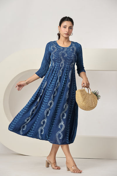 Women's Blue Printed Maxi Dress Casual A-Line Midi Dress with 3/4 Sleeves