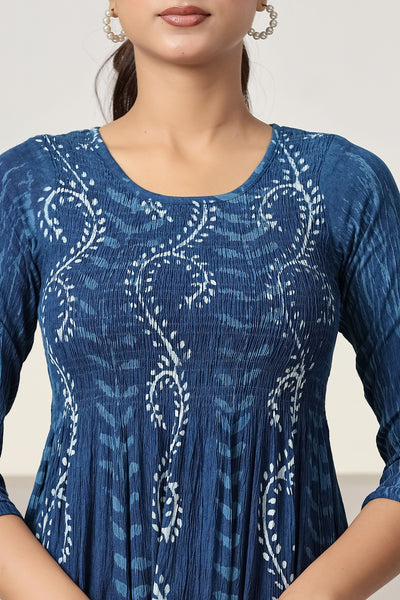 Women's Blue Printed Maxi Dress Casual A-Line Midi Dress with 3/4 Sleeves