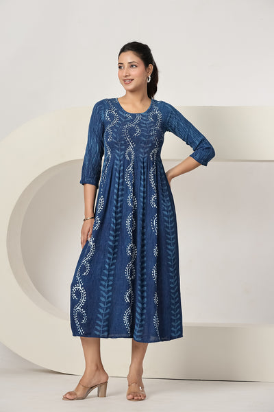 Women's Blue Printed Maxi Dress Casual A-Line Midi Dress with 3/4 Sleeves
