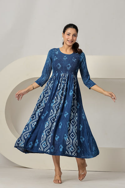 Women's Maxi Dress Casual Blue Printed A-Line Dress | 3/4 Sleeve Summer Beach Dress