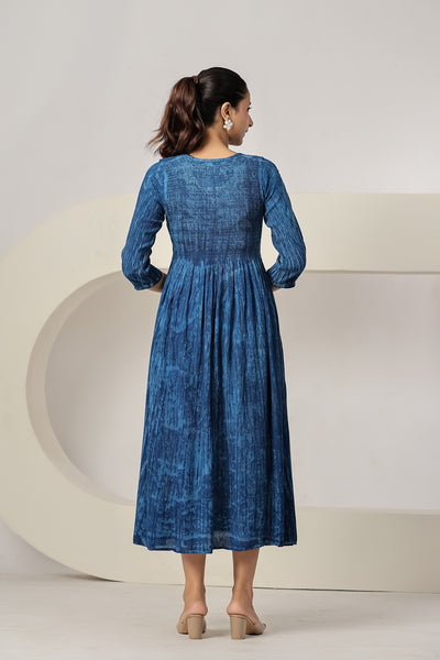 Women's Maxi Dress Casual Blue Printed A-Line Dress | 3/4 Sleeve Summer Beach Dress
