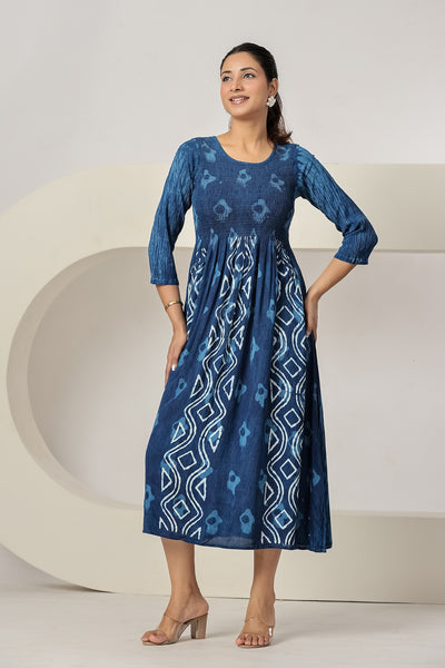 Women's Maxi Dress Casual Blue Printed A-Line Dress | 3/4 Sleeve Summer Beach Dress