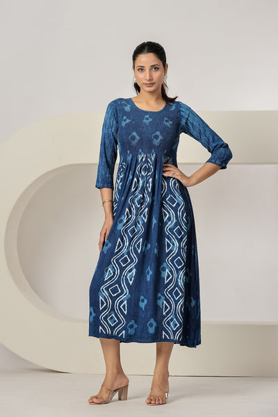 Women's Maxi Dress Casual Blue Printed A-Line Dress | 3/4 Sleeve Summer Beach Dress