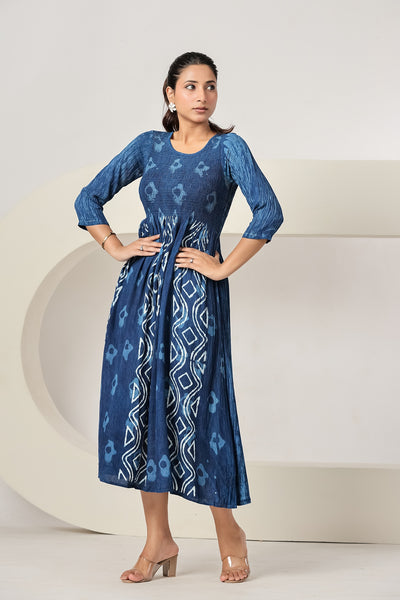 Women's Maxi Dress Casual Blue Printed A-Line Dress | 3/4 Sleeve Summer Beach Dress
